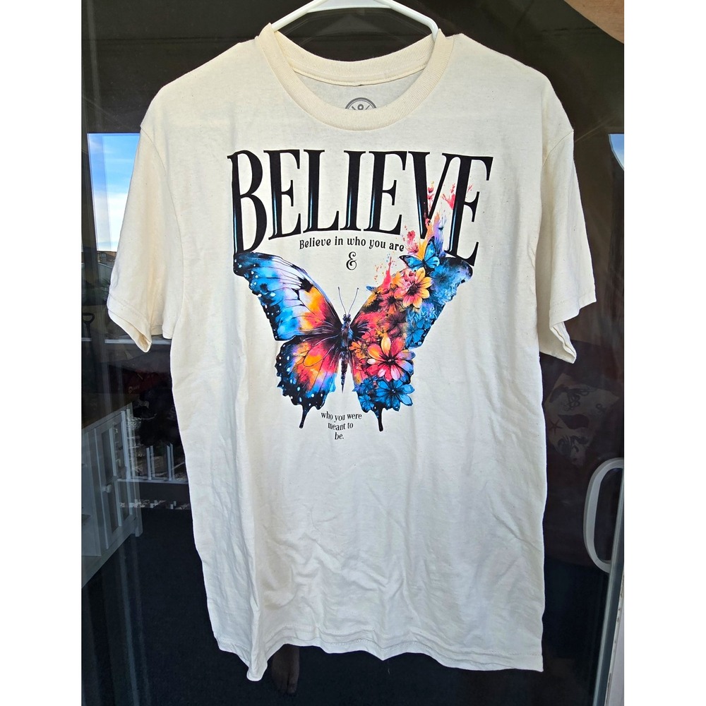 DOM Believe Butterfly Women's M Natural Cotton Graphic Crew Neck T-Shirt